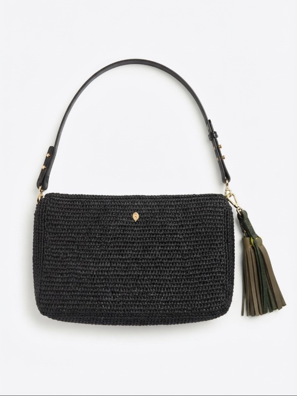 Helen Kaminski Black Woven Raffia Leather Shoulder Bag / Crossbody with Tassel